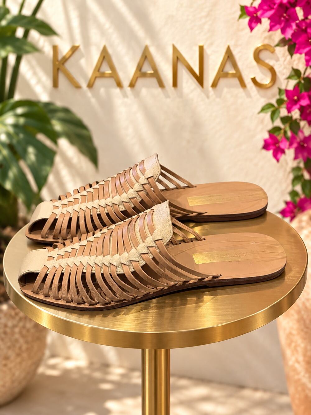KAANAS Tan Cream Woven Leather Huarache Slide Sandals Women’s 7M